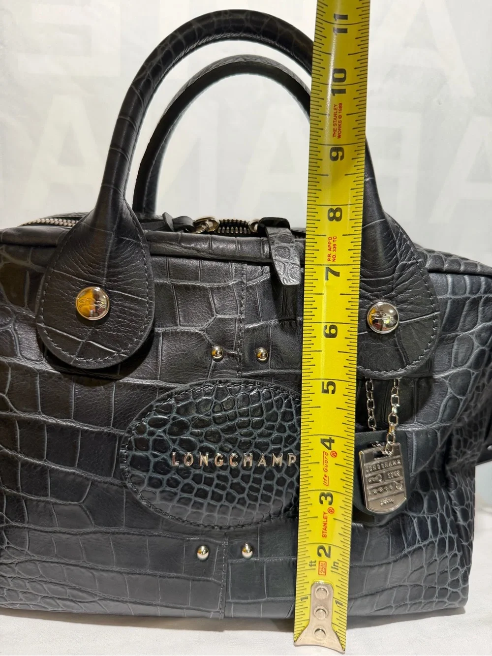 Longchamp Légende Black Gray Blue Croc-Embossed Leather Two Way Handbag